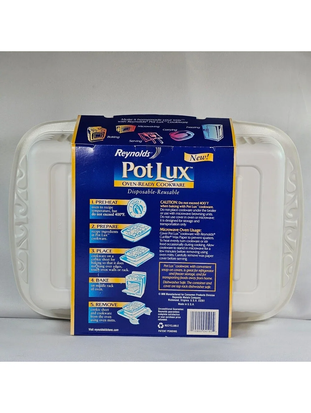 Vtg Reynolds Pot Lux Oven Ready Cookware 13x9 Pan  Lid Disposable Reusable White